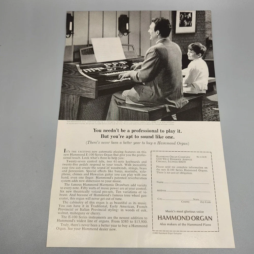 Hammond Organ Magazine Ad 1965 E-100 Series Mid-Century Music